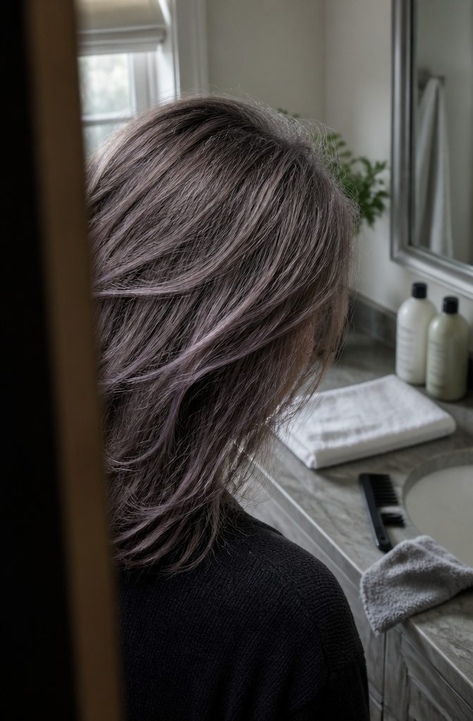 Back and side of a head with plum-tinted gray hair and white strands
