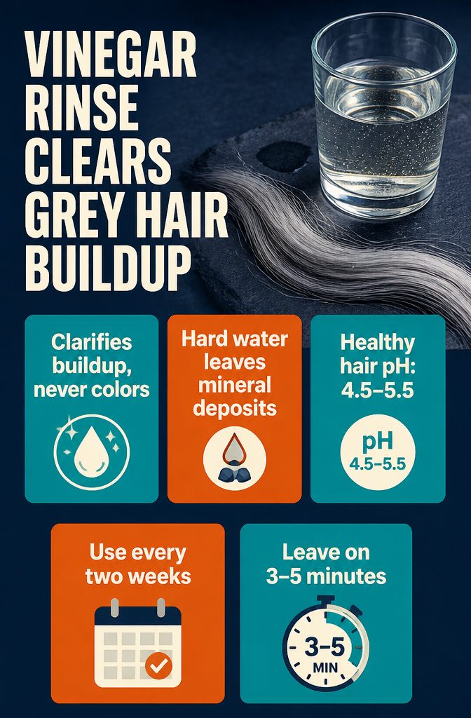 Gray hair beside vinegar used to clear dulling mineral buildup