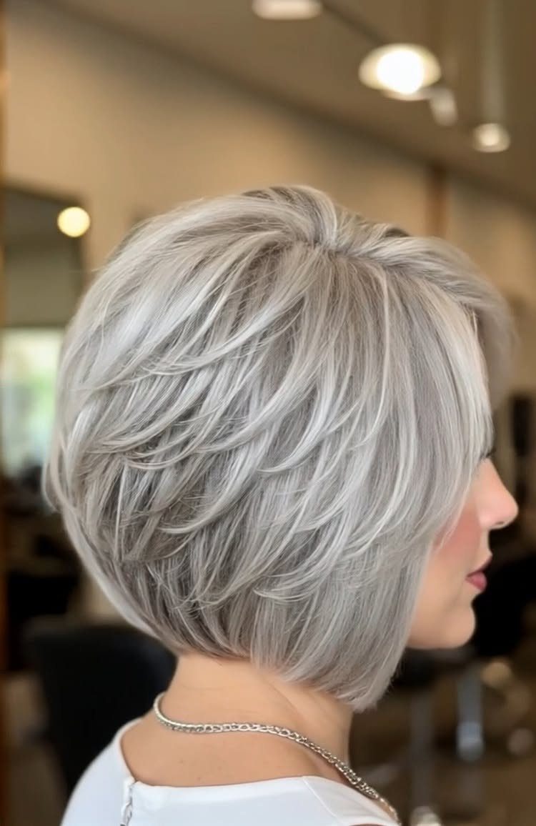 Woman showing a voluminous layered silver bob with tapered ends in a salon
