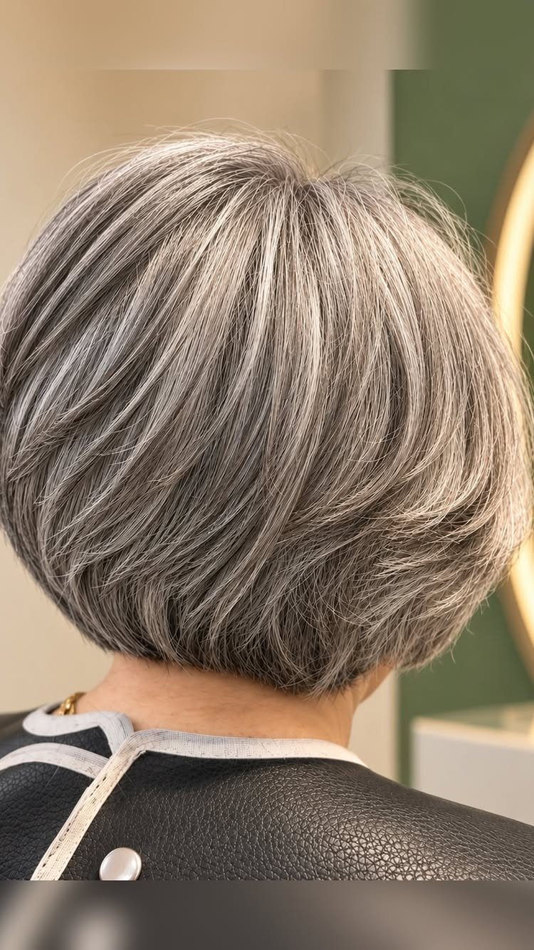 Layered silver-grey bob with rounded shape and textured strands