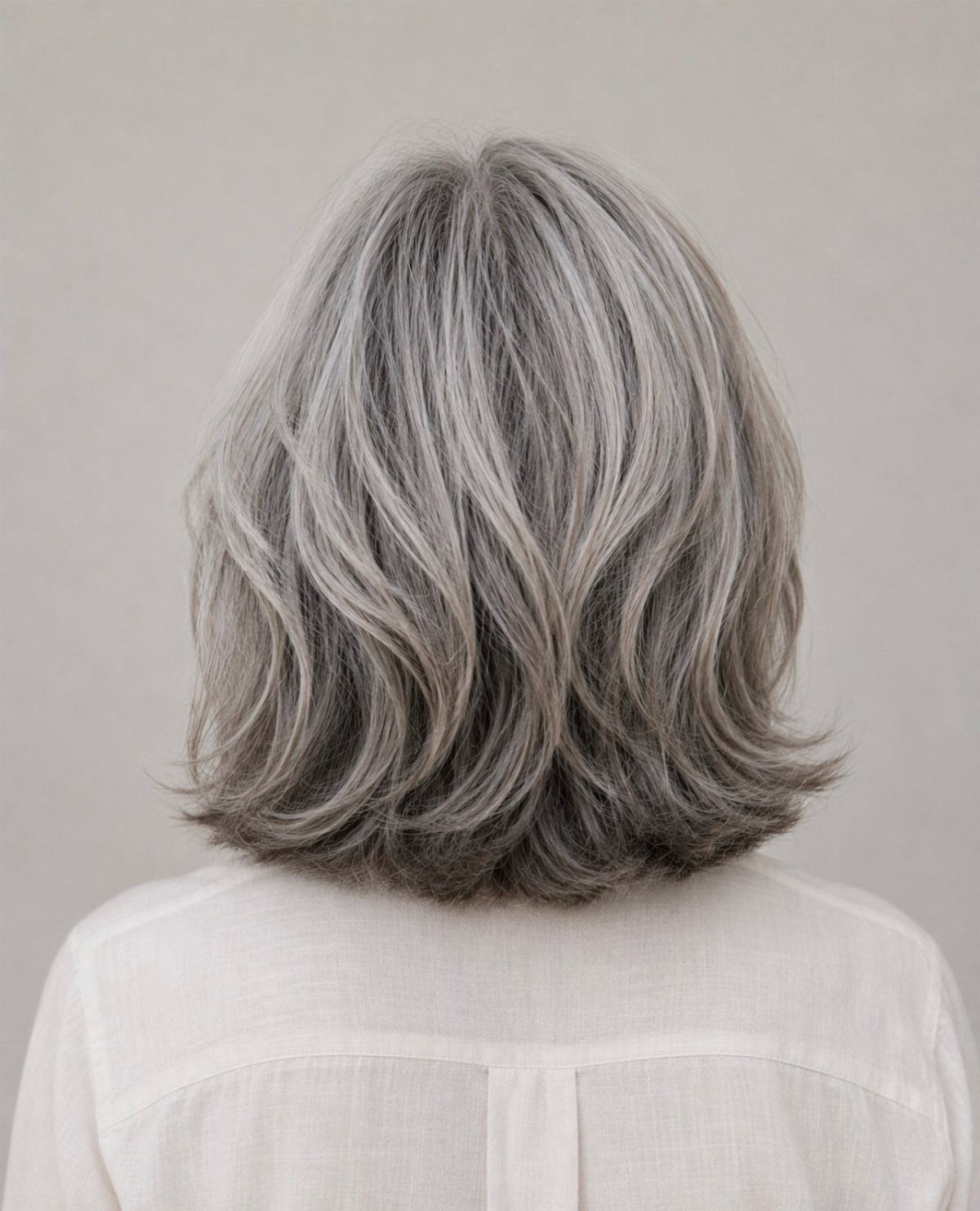 Layered shoulder-length grey hair with feathered ends viewed from behind