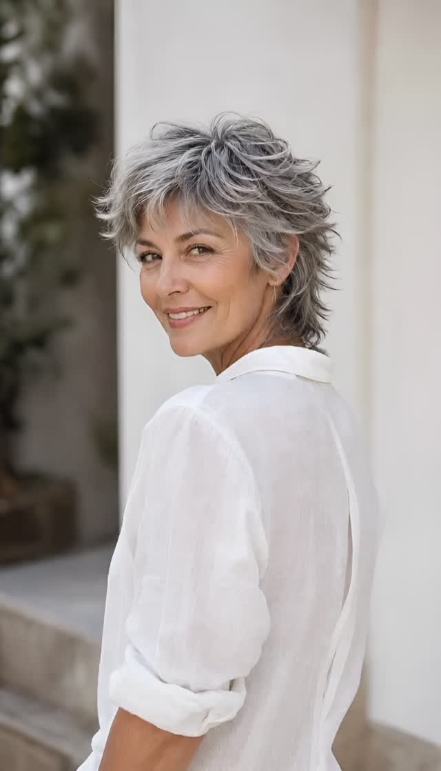 Woman with layered, tousled silver-grey hair in a short textured style