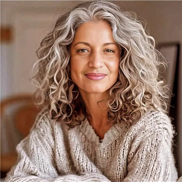 Woman with long, curly silver-gray hair wearing a chunky beige sweater