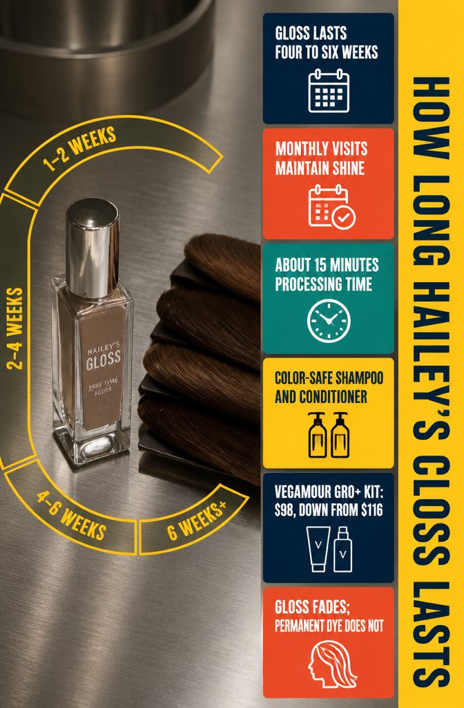 Beauty information graphic titled How Long Hailey’s Gloss Lasts
