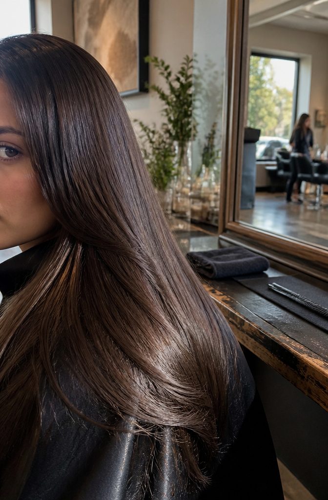 Dark glossy brunette hair framing an olive-toned cheek and one eye