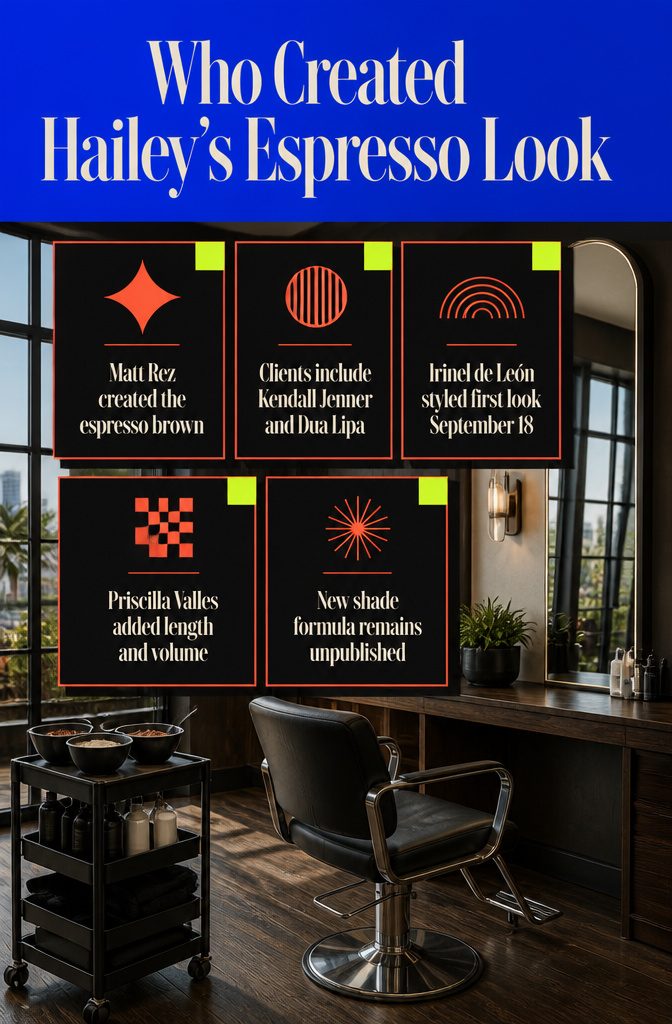 Beauty information graphic titled Who Created Hailey’s Espresso Look