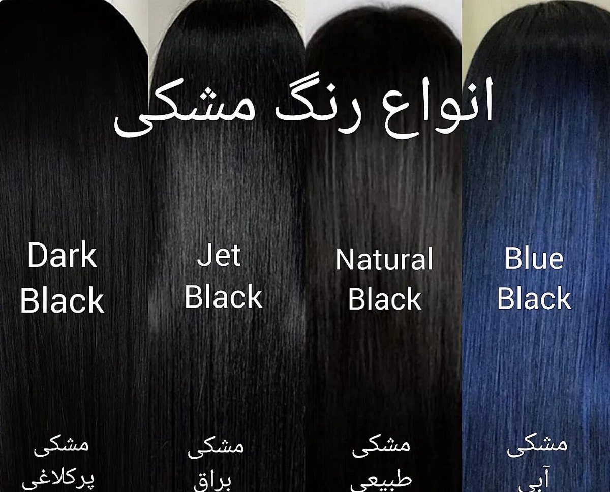 Black and blue-black hair swatches labeled with shade names and script