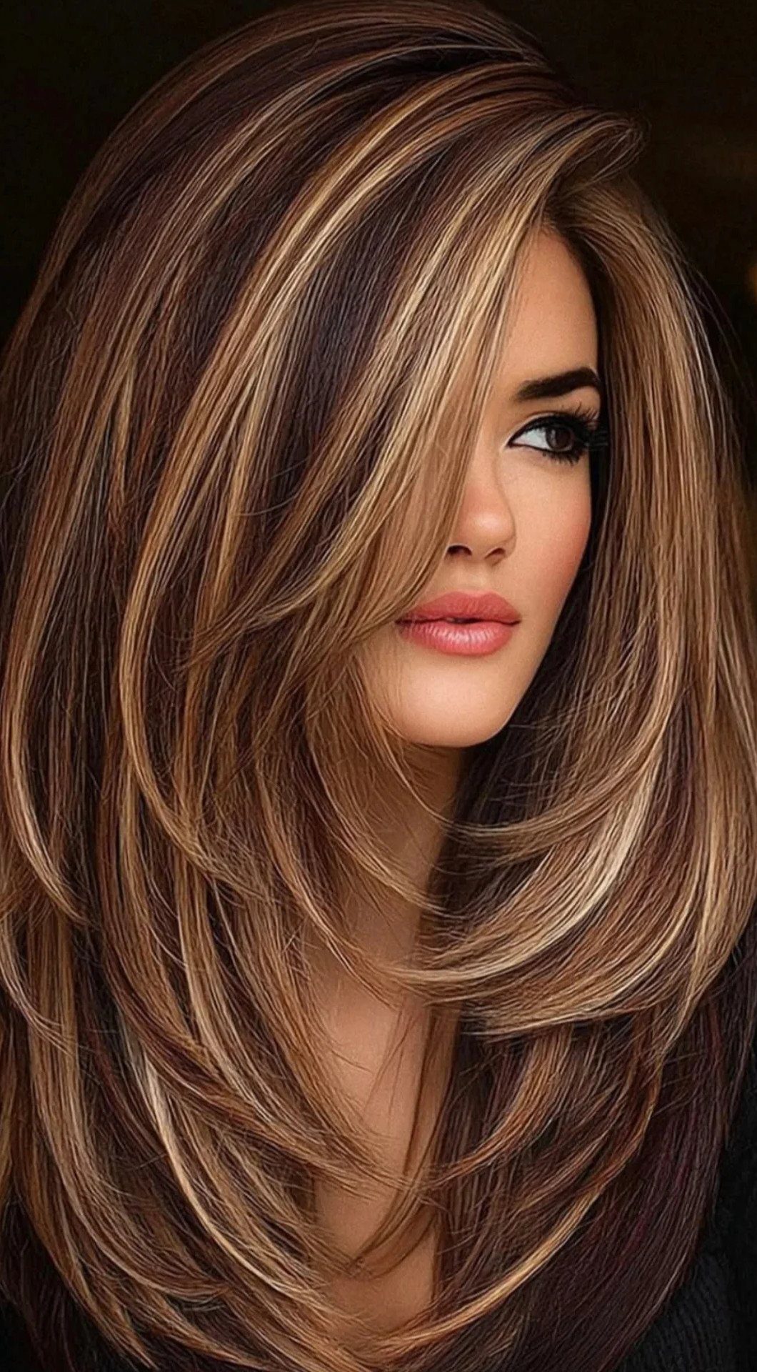 Woman with long layered brown hair and bright caramel highlights framing her face