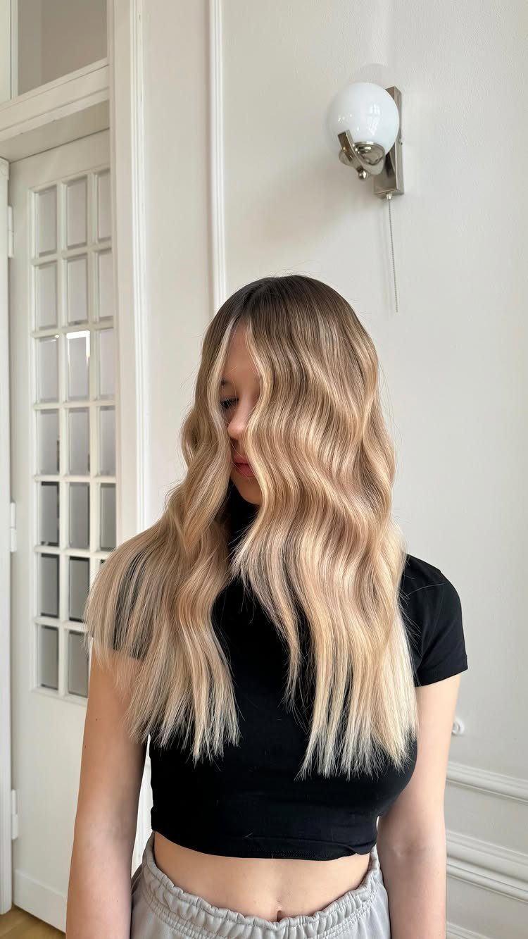 Long wavy beige-blonde hair shown against white paneled doors