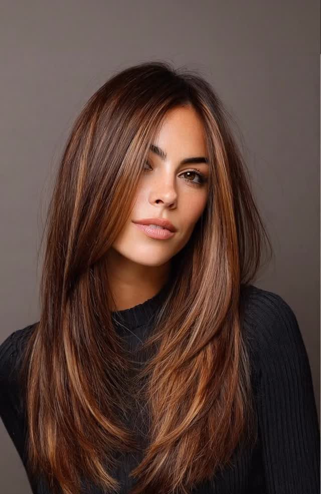 Woman with long layered chestnut brunette hair and warm auburn highlights