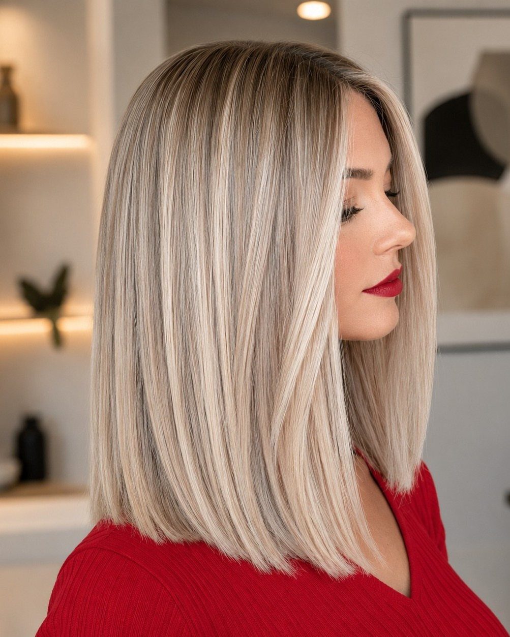 Pale ash-blond shoulder-length hair with darker roots on a woman