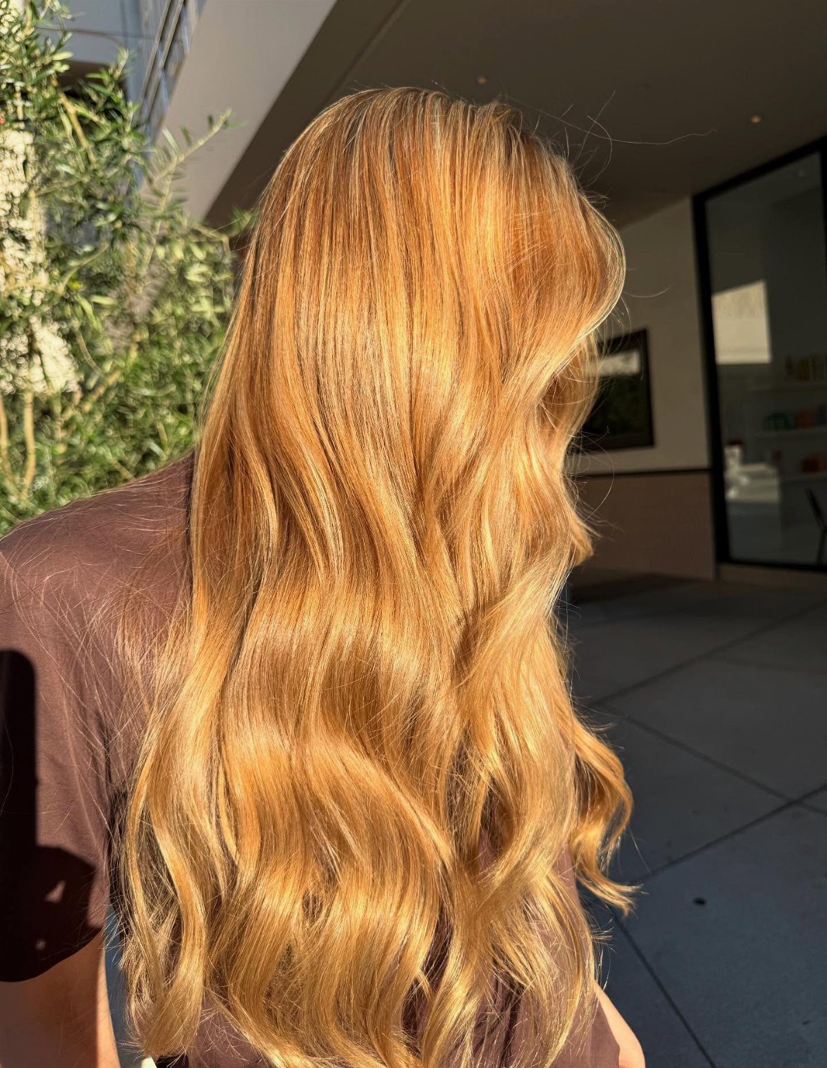 Long, wavy golden-blond hair shines in sunlight beside a building entrance
