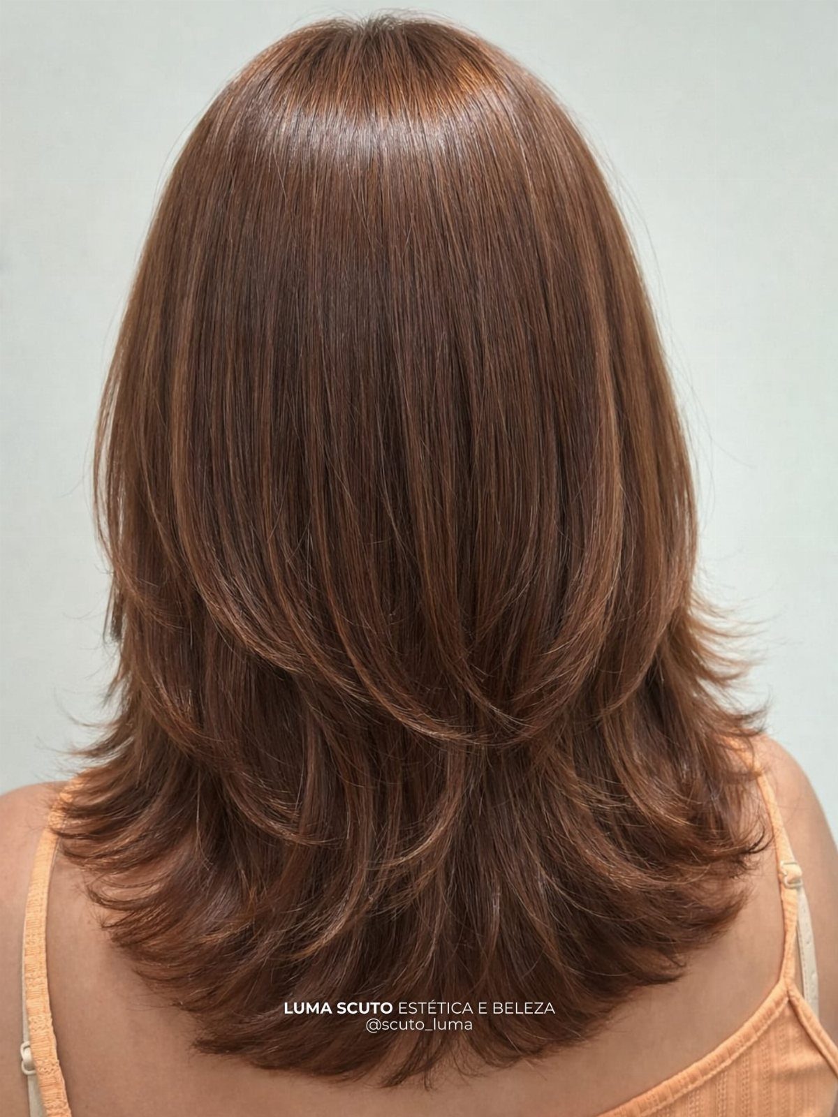 Layered medium auburn hair showing warm reddish-brown color and feathered ends