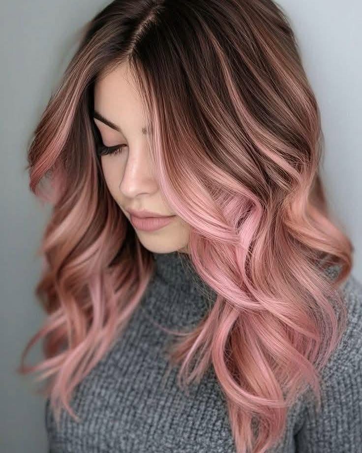 Woman with dark brown roots fading into rose-pink waves and face-framing highlights