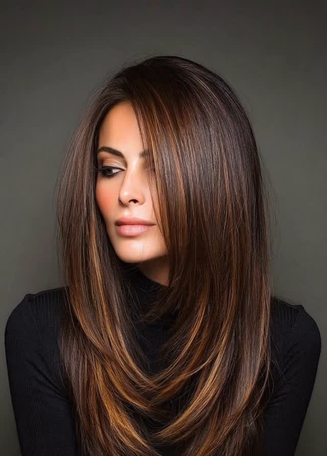 Woman with long rooted chestnut-brown hair and subtle reddish-gold dimension