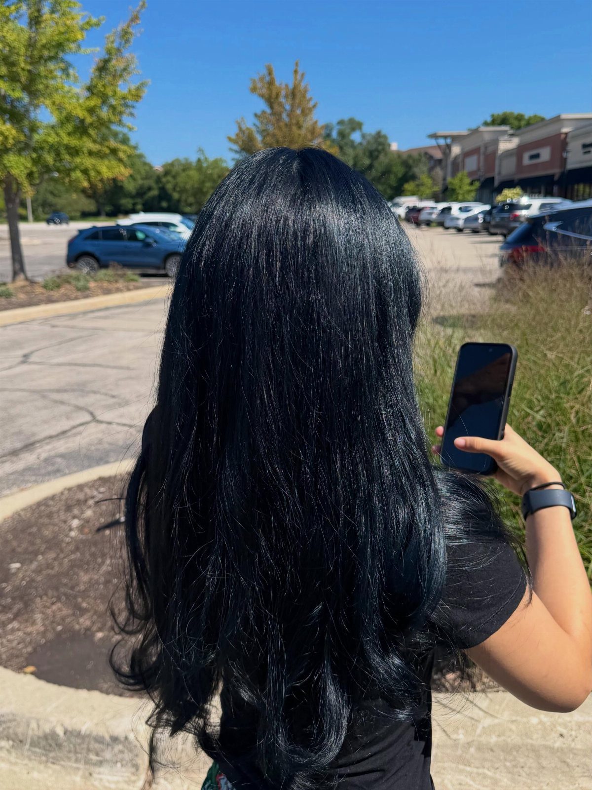 Long glossy blue-black hair seen from behind in a sunny parking lot