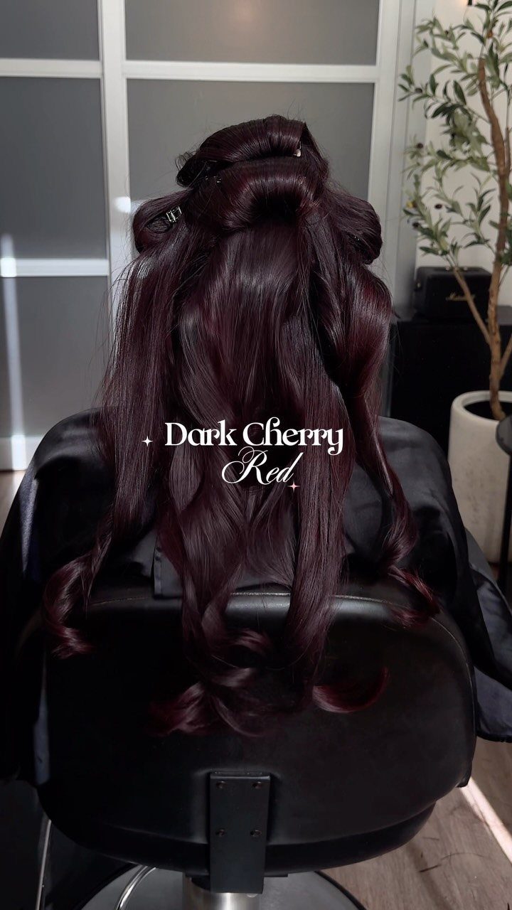 Glossy dark cherry red hair styled in curls in a salon chair