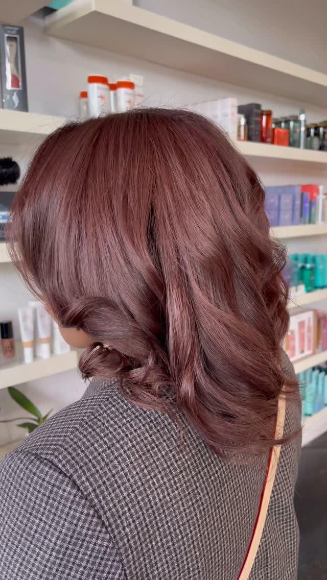 Long muted mahogany hair in loose waves and a small braid at a salon