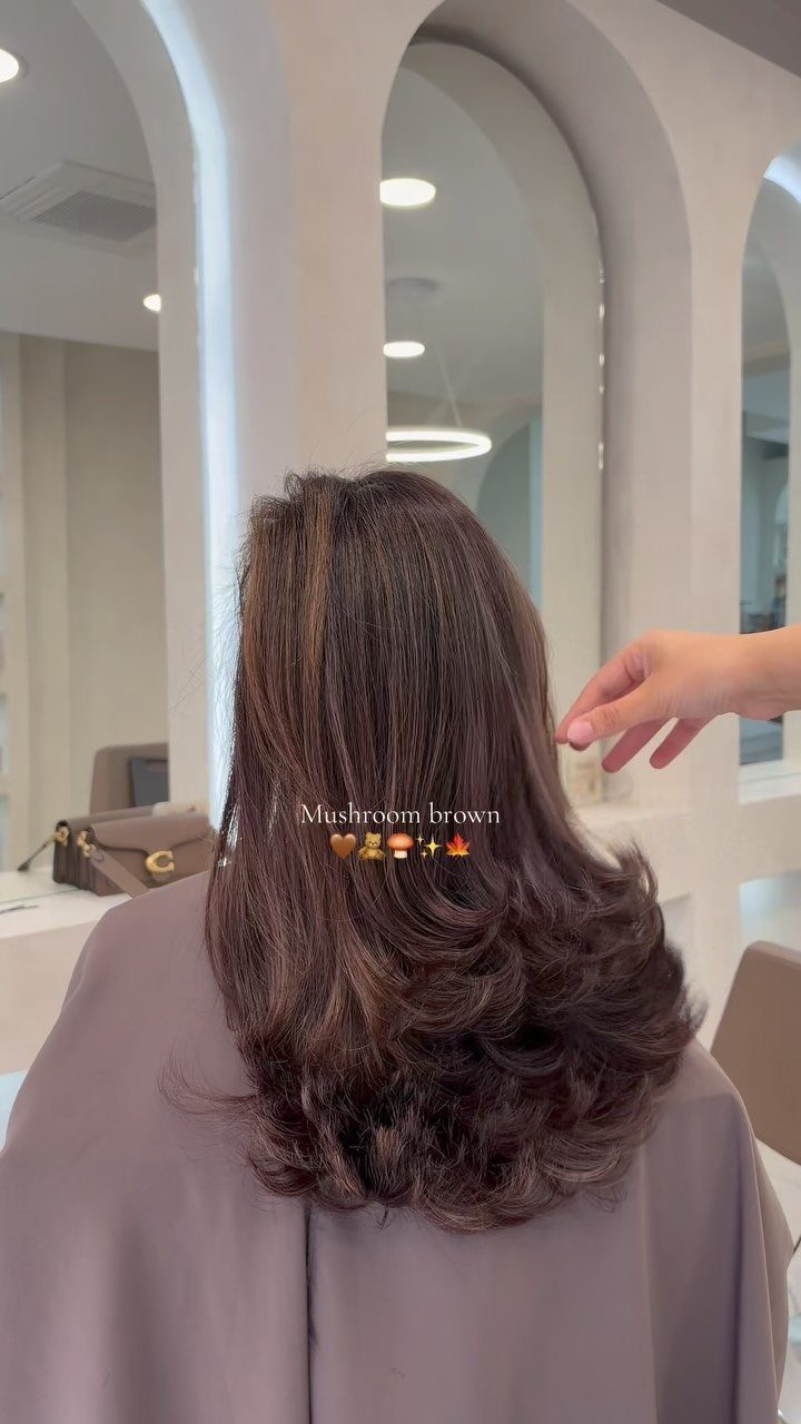 Layered mushroom brown hair with curled ends shown from behind in a salon