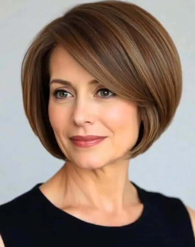 Woman showing a short light brown bob with subtle highlights