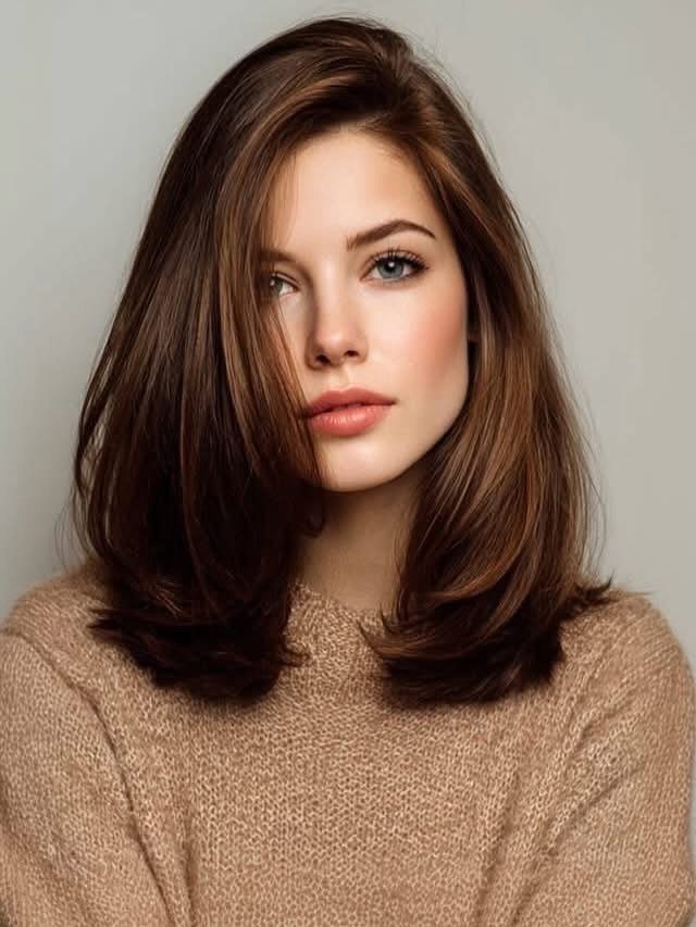 Woman with voluminous shoulder-length brown hair and softly curled ends