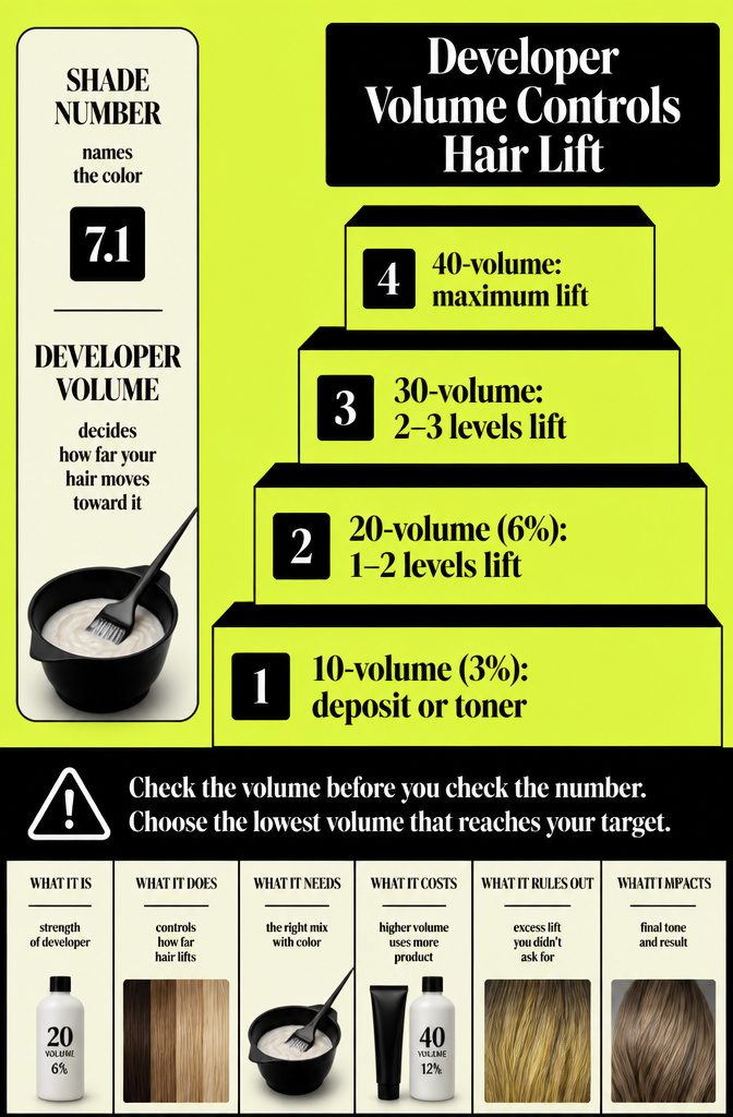 Developer volume chart listing four formulas beside their hair coloring uses