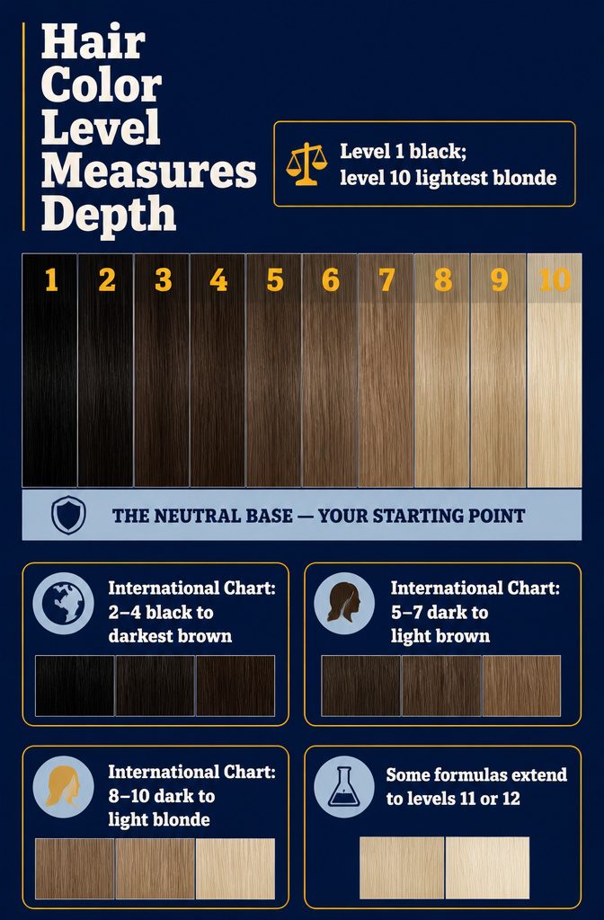 Hair color level chart with numbered swatches from black to light blonde