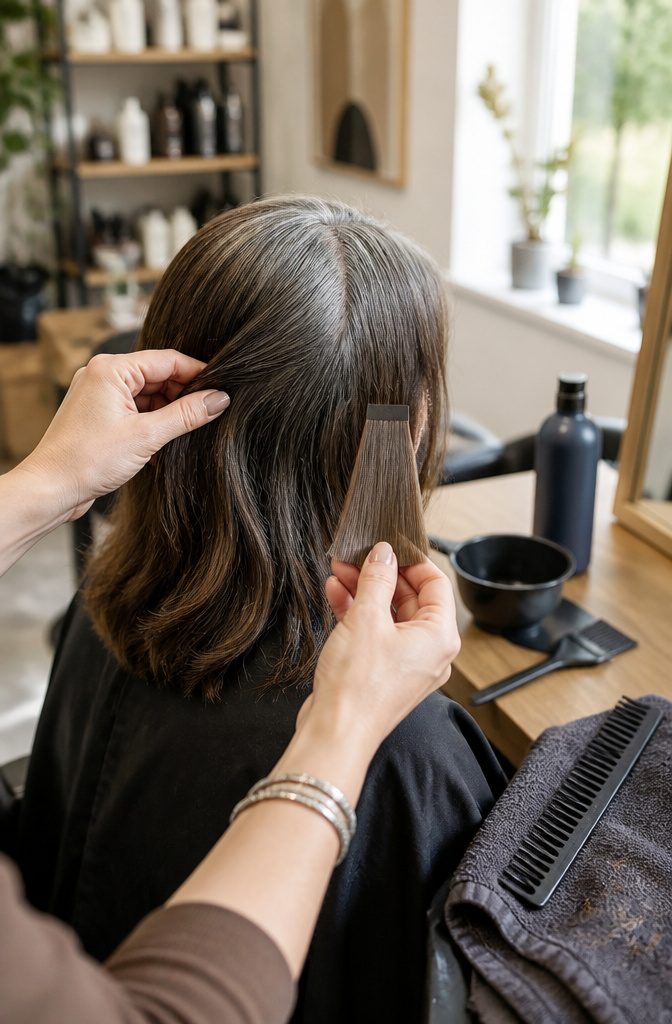 Gray roots beside a neutral brown hair swatch with warm and cool fibers