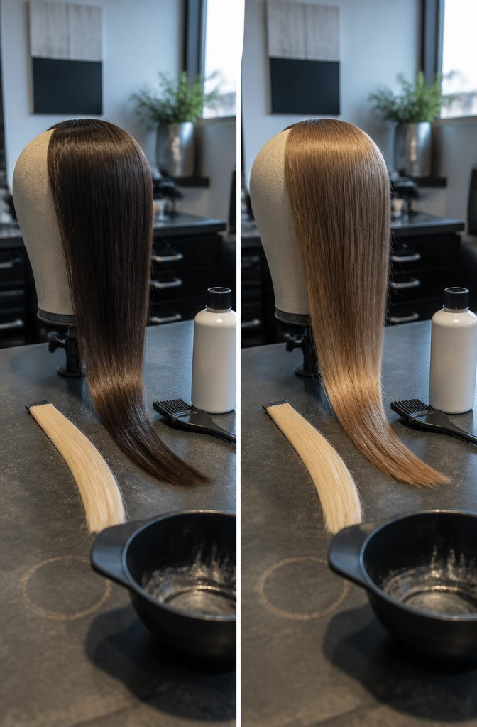 Hair color photograph accompanying guidance about permanent dye and hair lift