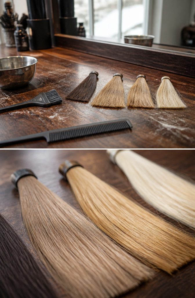 Hair color photograph illustrating shades with different tones and similar depth