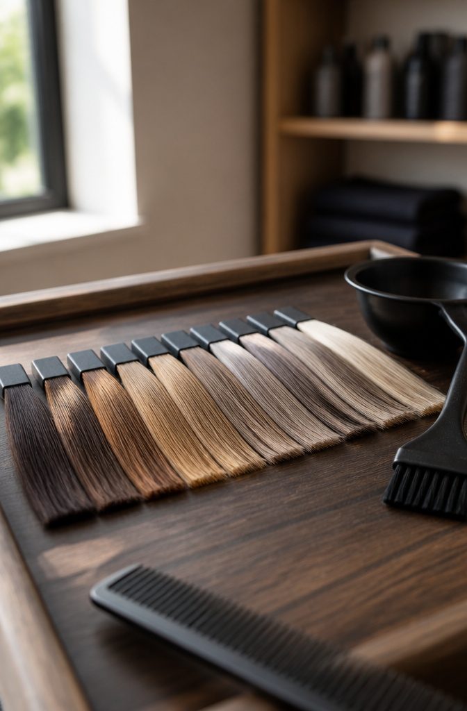 Hair color photograph illustrating a shade chart with varied tones