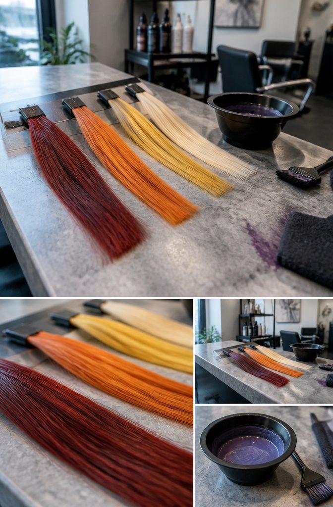 Hair color photograph illustrating warm underlying pigment during lightening