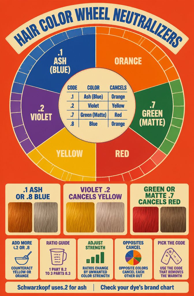 Hair color wheel showing blue orange violet yellow green and red