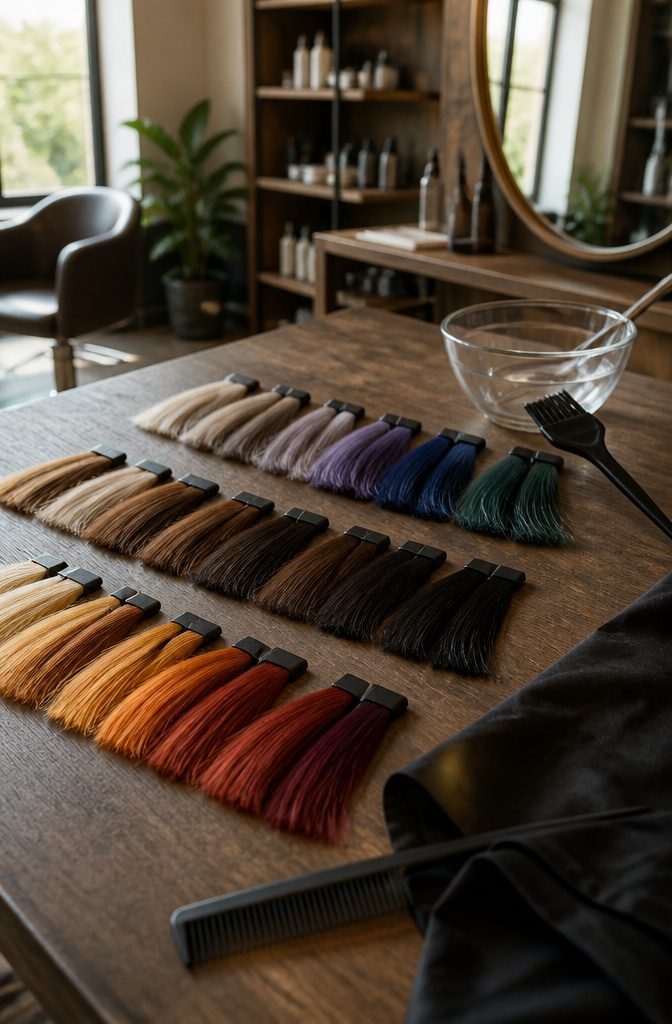 Hair swatches arranged in warm cool and neutral groups on a salon worktable