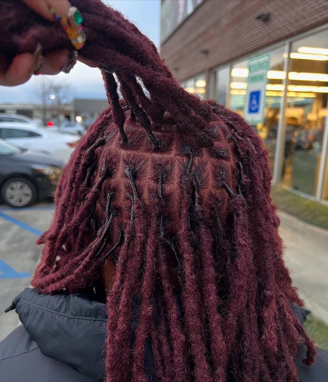 Long glossy plum dreadlocks held up outdoors, revealing darker roots and scalp
