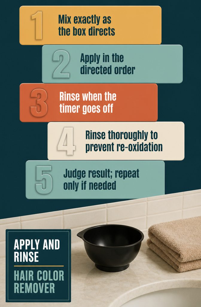 Beauty infographic showing steps to apply and rinse hair color remover