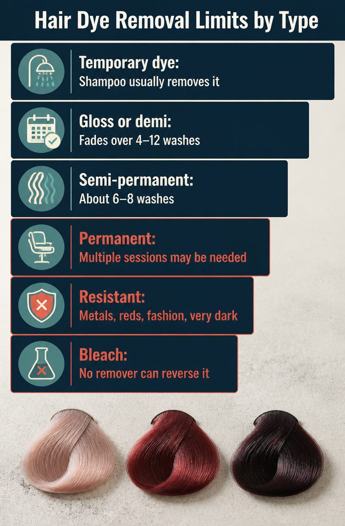 Beauty infographic comparing removal outlook for temporary semi-permanent and permanent dye