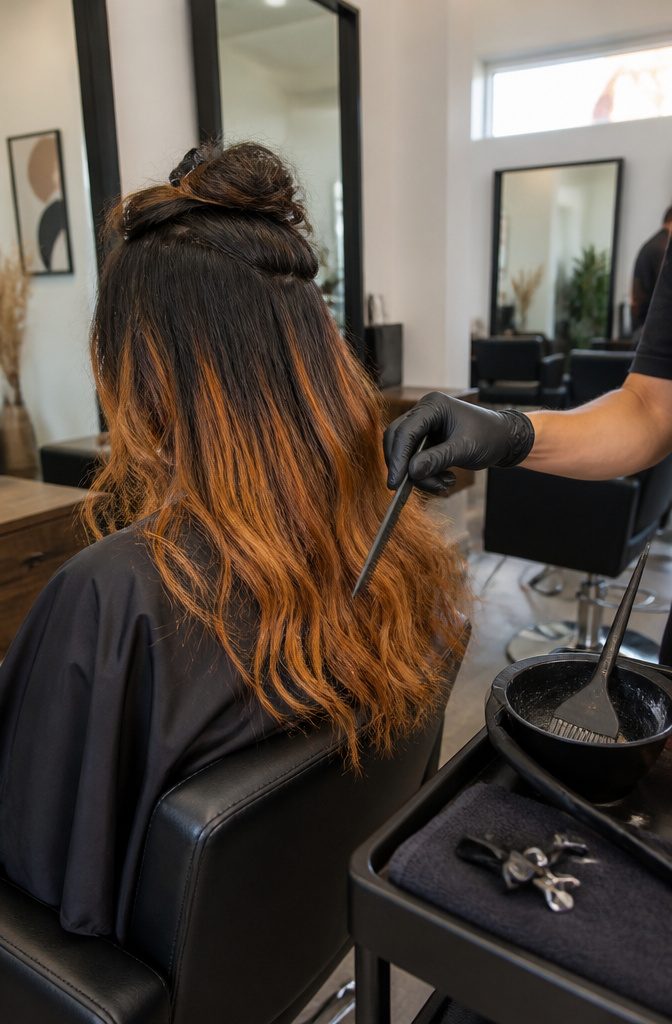 Woman viewed from behind with visible orange hair lengths and darker roots