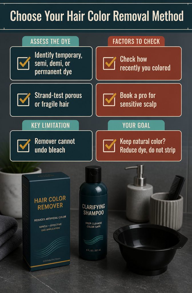 Beauty infographic listing five factors for choosing a hair color removal method