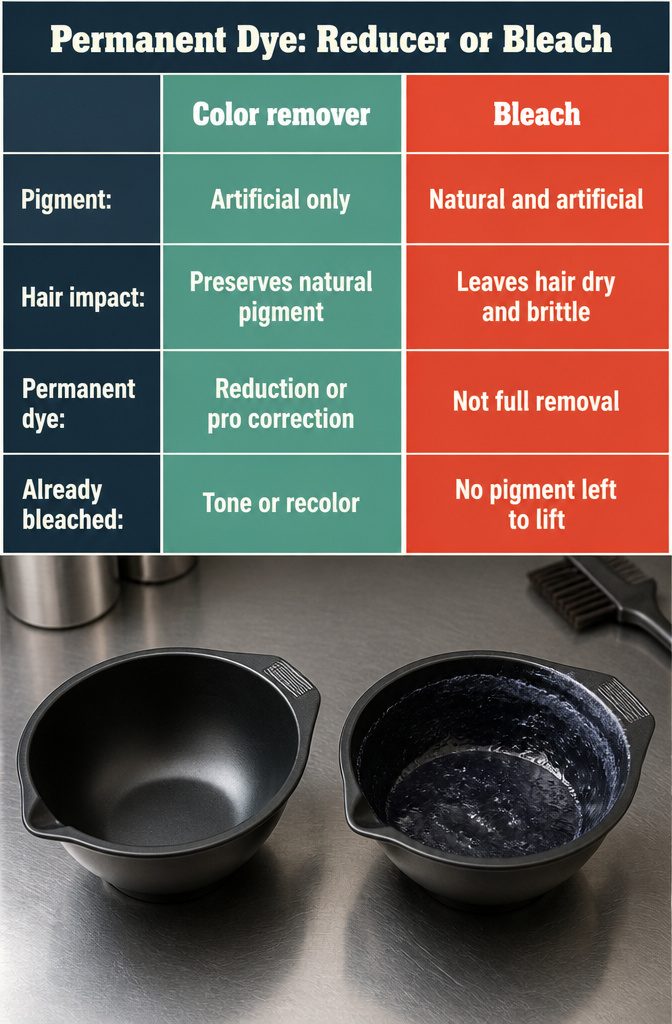 Beauty infographic comparing permanent dye remover with bleach