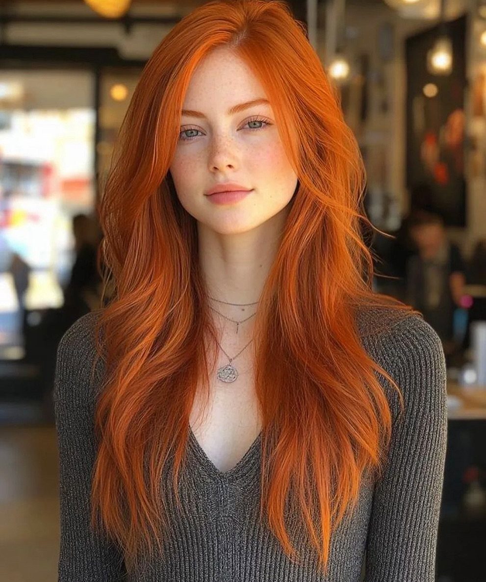 Woman with long, evenly copper-red hair wearing a gray knit top