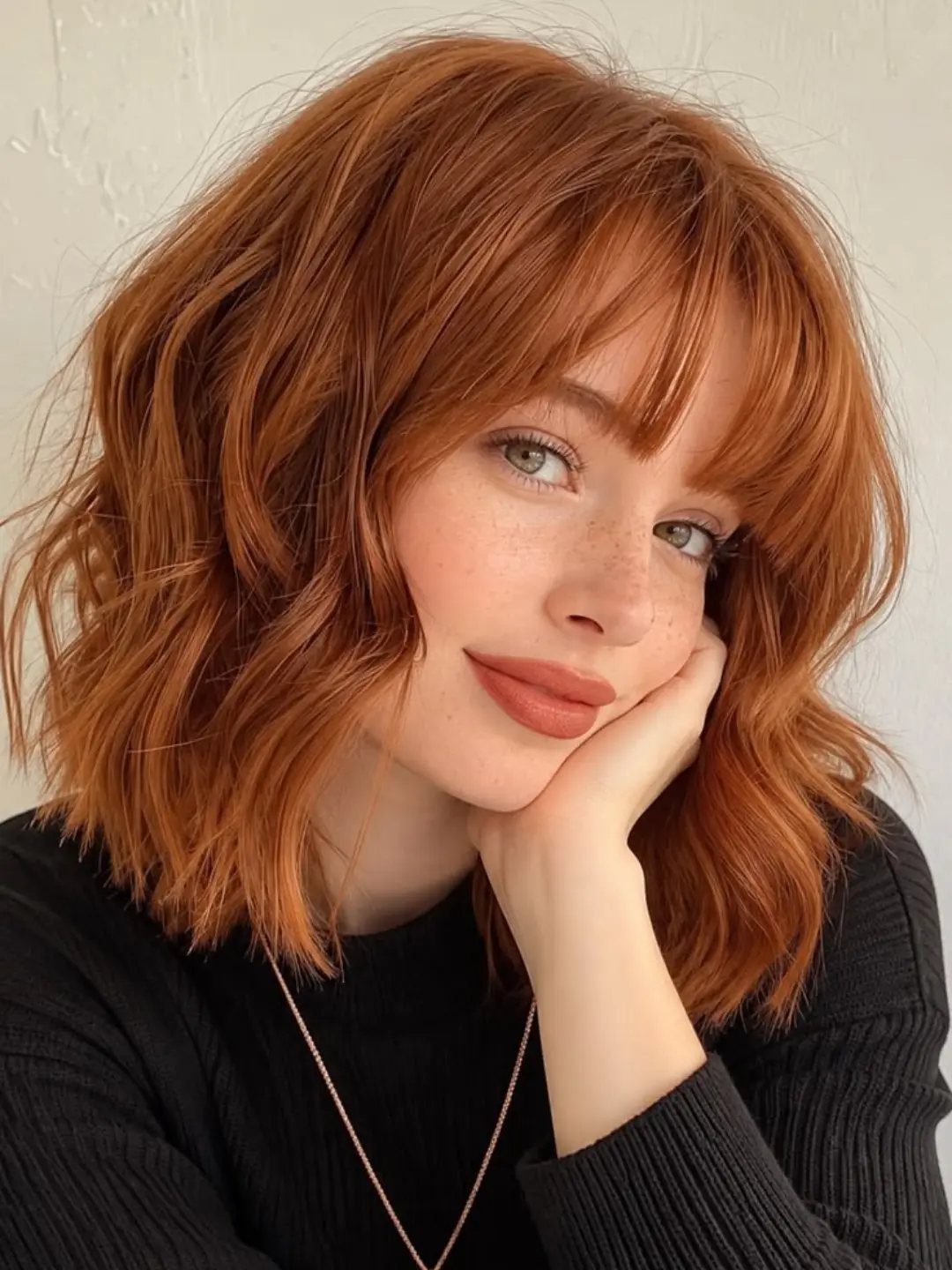 Woman posing with an even, vivid copper-red hair color and straight bangs