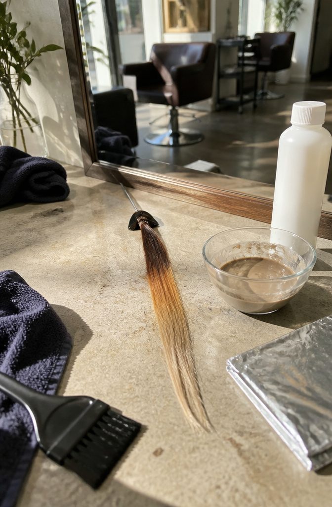 Clipped level-5 hair strand with warm middle and neutral beige level-7 tip