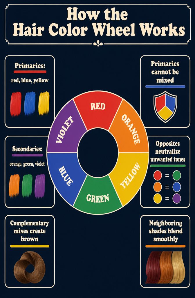 Hair color wheel showing red, blue, yellow, orange, green, and violet