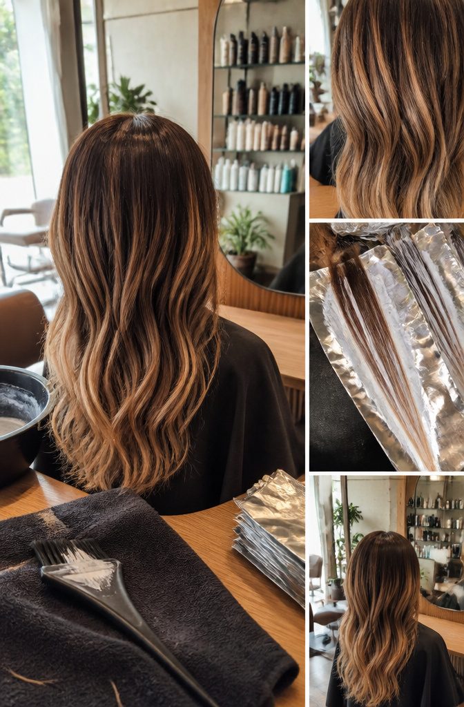 Hair with caramel highlights and soft beige lowlights woven through the base