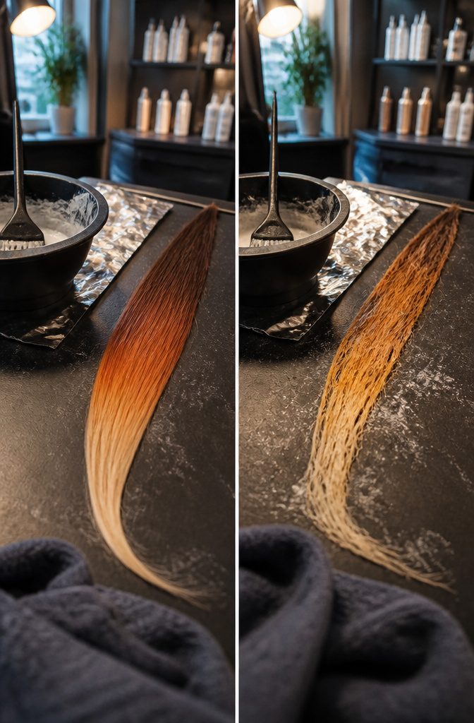 Hair strand showing dark roots and a gradual shift through orange to pale yellow