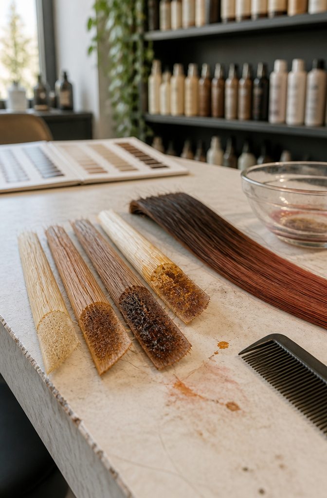 Cutaway hair strands with dark eumelanin and warm pheomelanin granules