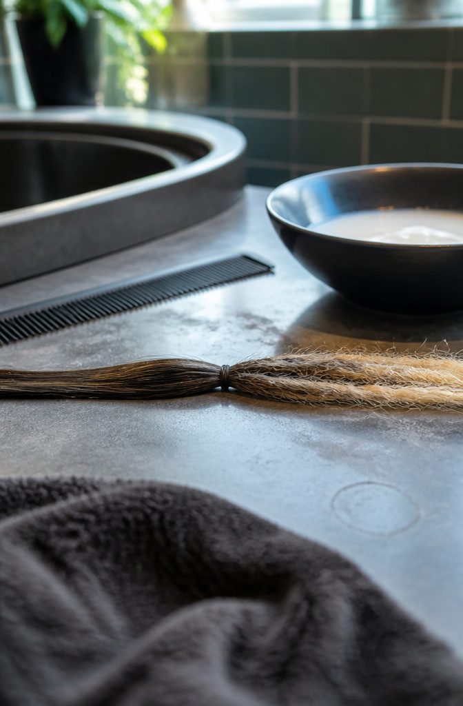 Healthy smooth hair strand beside porous bleached hair with open cuticle edges
