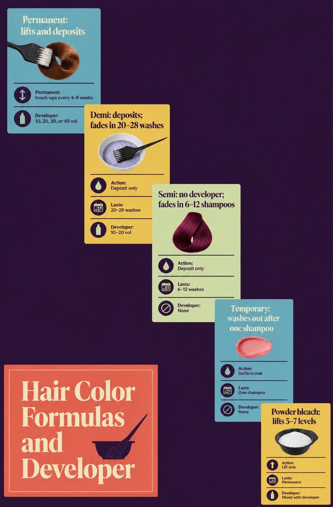 Hair color formula chart listing lift or deposit, lasting time, and developer