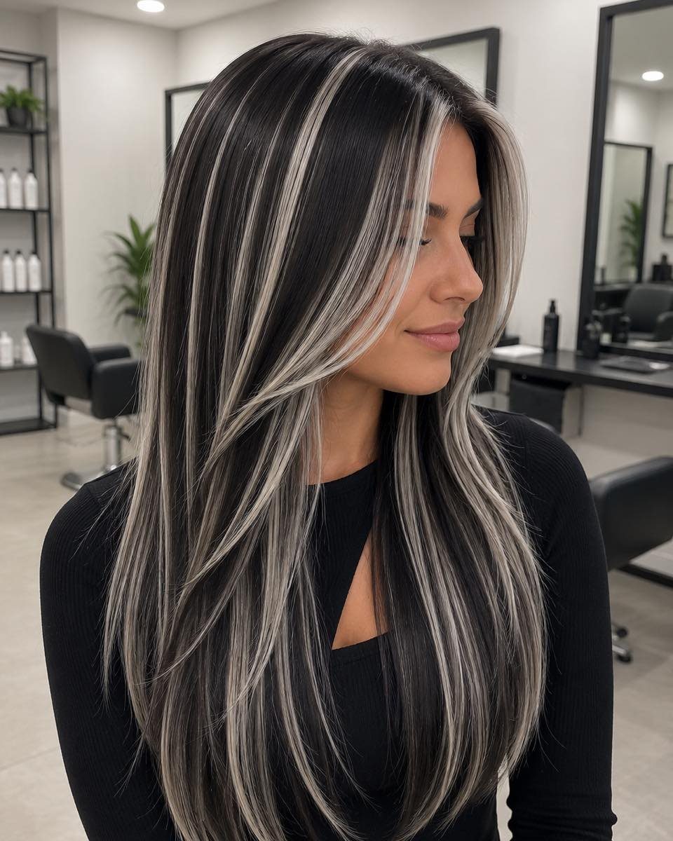 Woman with long dark hair and striking silver highlights in a salon